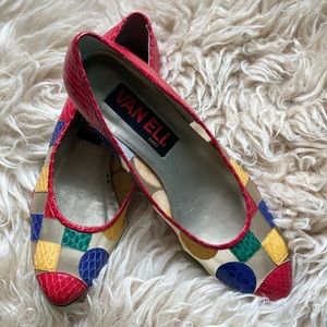 Vintage Vaneli primary colors and shapes mesh and leather kitten heel.